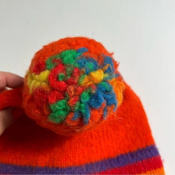 Vintage Rainbow Pom Pom Hat Beanie Striped Wool - Picture 3 of 7